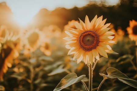 A close-up of sunflowers in a sprawling sunflower field.の写真素材