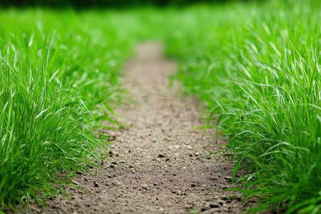 Tall grass growing beside a quiet dirt path.の写真素材