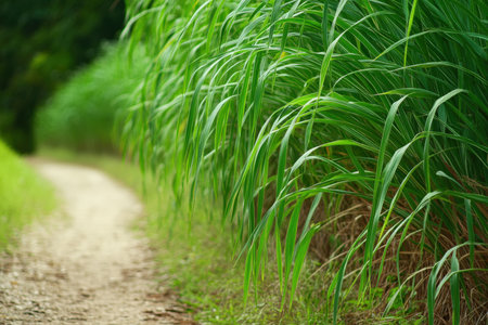 Tall grass growing beside a quiet dirt path.の写真素材