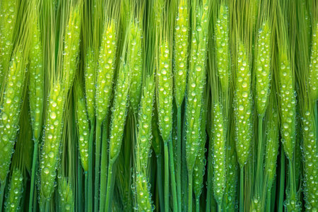 A close-up of water droplets on green wheat stalks.の写真素材