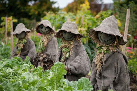 A cluster of scarecrows standing guard over a vegetable patch.