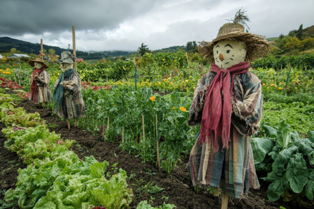 A cluster of scarecrows standing guard over a vegetable patch.の写真素材