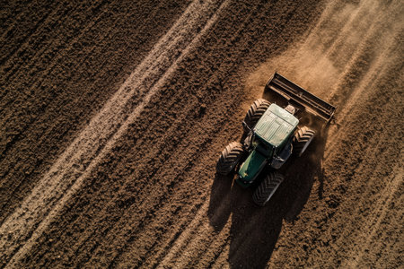 Area view. A farm tractor pulling a plow through rich soil.の写真素材