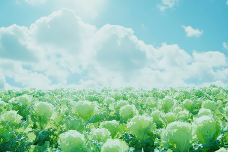 A field of bright green cabbage heads under a soft blue skyの写真素材