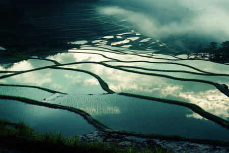 A freshly irrigated rice paddy reflecting the soft morning sky.の写真素材