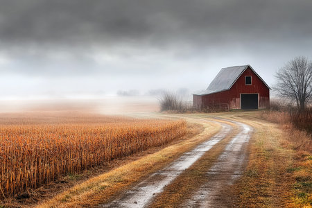 A misty morning over a peaceful rural farm landscape.の写真素材