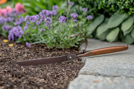 Pair of grass shears cutting along the edge of a flower bed.の写真素材