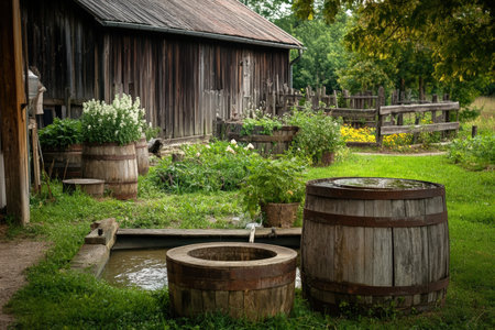 A peaceful farmyard with rustic wooden barrels and a water trough.