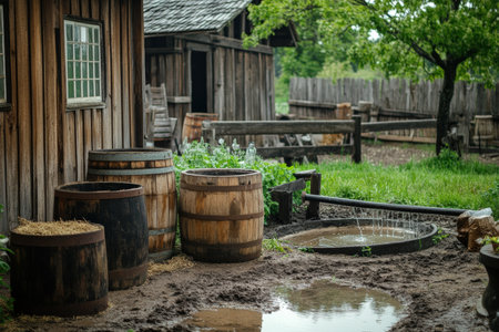 A peaceful farmyard with rustic wooden barrels and a water trough.