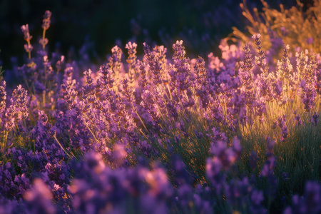 A picturesque field of lavender glowing under soft evening light.の写真素材