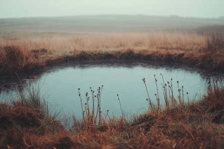 A quiet countryside pond surrounded by wild grass.