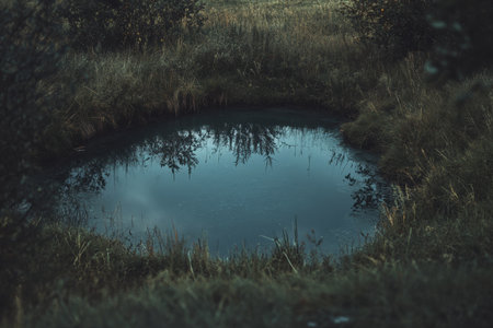A quiet countryside farm pond surrounded by wild grass.