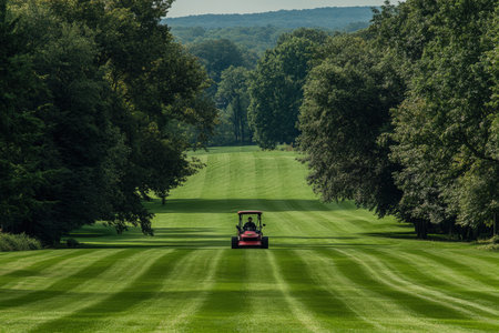 Riding lawnmower creating perfect stripes on a large lawn.
