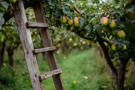 A rustic wooden ladder leaning against a fruit tree in an orchard. harvest.