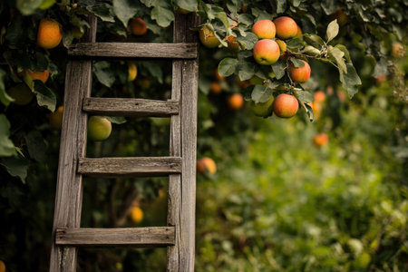 A rustic wooden ladder leaning against a fruit tree in an orchard. harvest.の写真素材