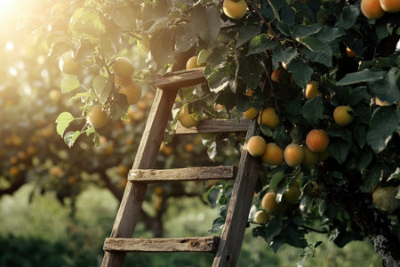 A rustic wooden ladder leaning against a fruit tree in an orchard. harvest.