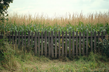 A traditional farm fence surrounded by fields of corn and wheat.の写真素材