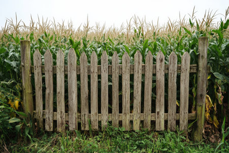 A traditional farm fence surrounded by fields of corn and wheat.の写真素材
