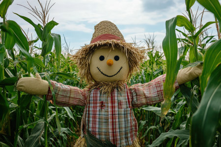 A traditional scarecrow standing in a cornfield.