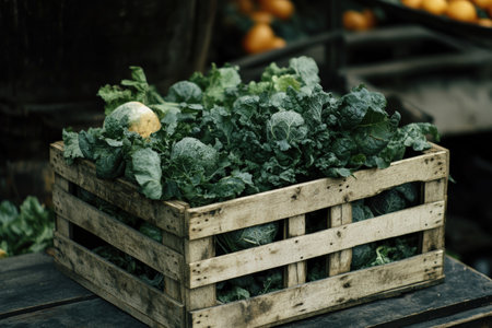 A wooden crate filled with freshly harvested vegetables. black background.
