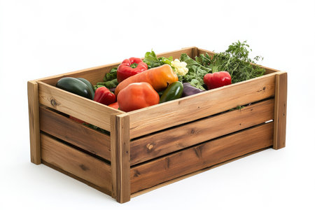 A wooden crate filled with freshly harvested vegetables. White background.の写真素材