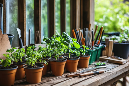 A small greenhouse filled with seedlings and gardening tools. greenhouse, seedlings.の写真素材