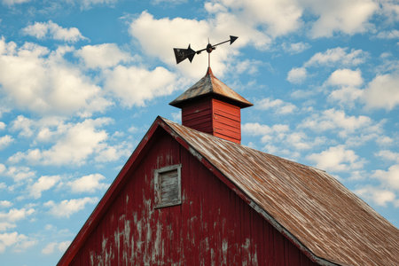 A vintage wind vane spinning above a classic red barn.