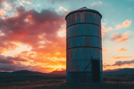 A weathered wooden silo standing tall against a vibrant sunset.