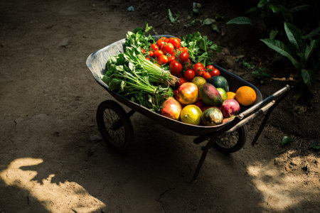 A wheelbarrow filled with fresh produce on a dirt path.