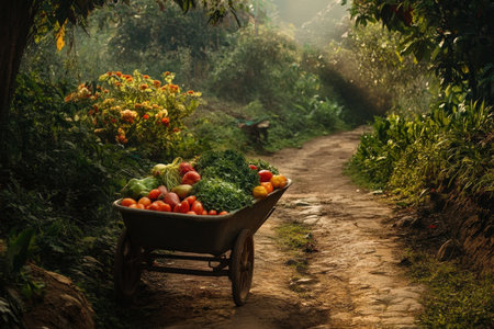 A wheelbarrow filled with fresh produce on a dirt path.の写真素材