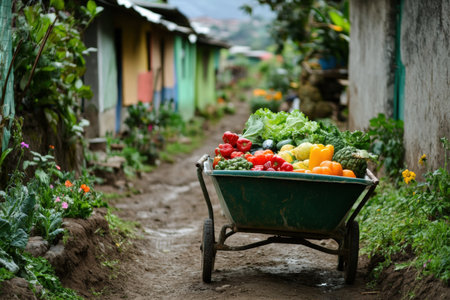 A wheelbarrow filled with fresh produce on a dirt path.の写真素材