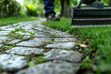 Grass being trimmed along a stone pathway with sharp precision.の写真素材