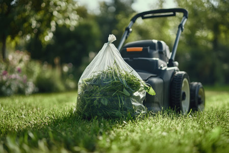 Grass clippings collecting in a bag attached to a lawnmower.の写真素材