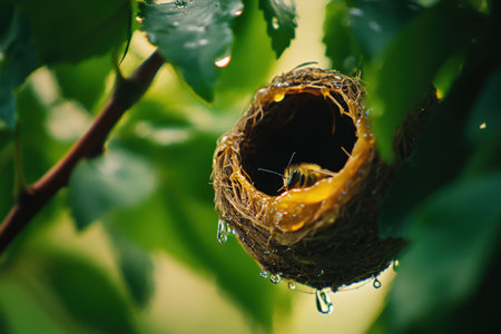 Marvel at the intricate beauty of a bee nest adorned with golden drops of honey amidst lush green...