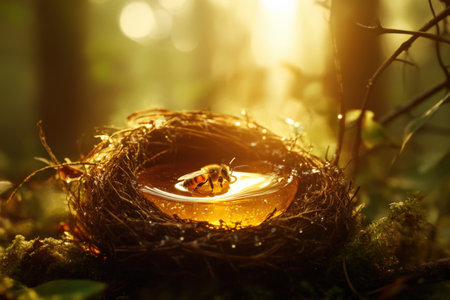 Buzzing tranquility captured in a mesmerizing bee nest adorned with glistening drops of honey amidst...