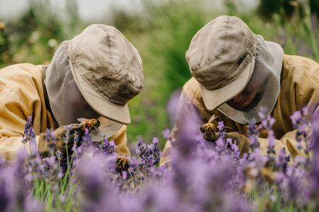 Beekeeper and apprentice gather honey in a lavender field while harvesting fragrant blooms on a...