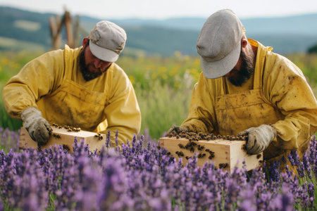 Two beekeepers tending to hives amid lush lavender fields under a bright sky. Generative AI