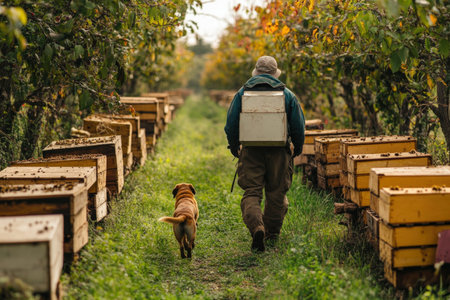 Beekeeper walks alongside dog through vibrant orchard amidst bustling beehives in search of honey...