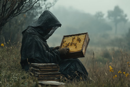 Beekeeper inspects hive filled with healthful bees amid misty landscape in quiet nature sanctuary. Generative AIの写真素材