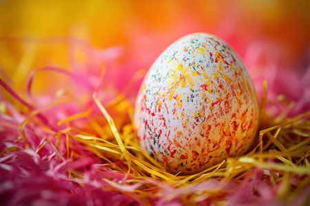 A beautifully crafted Easter egg, adorned with intricate patterns and vibrant colors, sits gracefully in a soft nest of vivid pink and yellow straw. The radiant hues of the egg contrast beautifully against the lively backdrop, evoking the warmth of spring.の写真素材