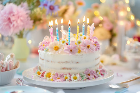 A delightful birthday celebration is in full swing as the cake takes center stage. This charming dessert is elegantly decorated with vibrant edible flowers and flickering candles, creating a festive atmosphere.の写真素材