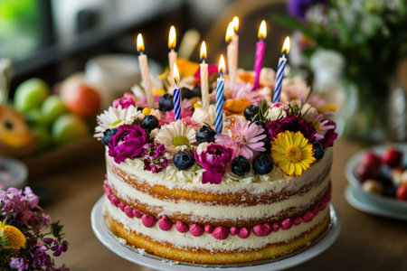 A stunning birthday cake takes center stage, beautifully decorated with vibrant edible flowers and bright candles casting a warm glow. Surrounding the cake are cheerful party decorations, enhancing the festive atmosphere. Guests are ready to celebrate, creating joyful memories on this special day filled with laughter, love, and delicious treats.の写真素材