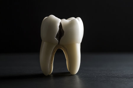 A broken tooth stands prominently against a black backdrop, illuminated by dramatic lighting. The texture and cracks highlighted create a striking contrast, evoking curiosity and intrigue.の写真素材