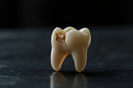 A strikingly lit broken tooth stands out against a black backdrop, showcasing intricate details and textures. The high definition captures the fragility and beauty of dental structures.の写真素材