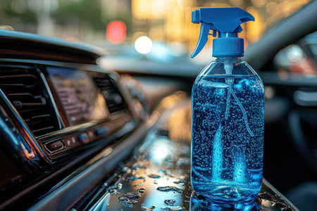 A dashboard cleaning spray bottle rests on a spotless car interior, reflecting sunlight in a vibrant showcase of cleanliness. The environment hints at a fresh and tidy car experience.の写真素材