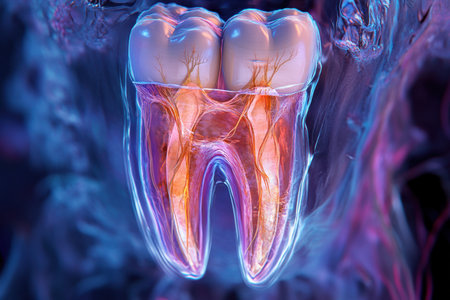 This diagram showcases the intricate details of tooth anatomy, specifically highlighting an infected root canal, emphasizing the colorful depiction of nerve and tissue damage.の写真素材