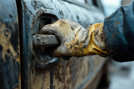 A gloved hand carefully removes layers of dirt from a car door handle, illustrating the attention to detail required for thorough cleaning. The setting is an outdoor area with visible grime and wear.の写真素材