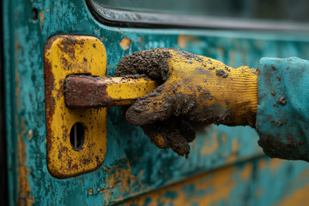 A gloved hand carefully removes layers of dirt buildup from a vibrant, weathered car door handle. This activity takes place outside on a clear, sunny day, showcasing dedication to cleanliness.の写真素材