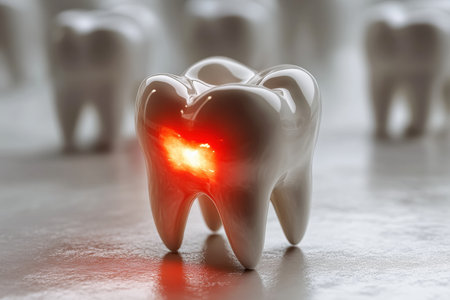 A highly detailed representation displays a tooth illuminated with a red glow, symbolizing intense pain. Surrounding teeth fade into the background, enhancing the focus on the discomfort.の写真素材