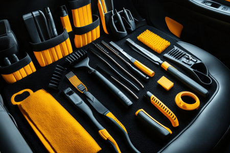 A meticulous arrangement of specialized car interior cleaning tools showcases a range of brushes,...
